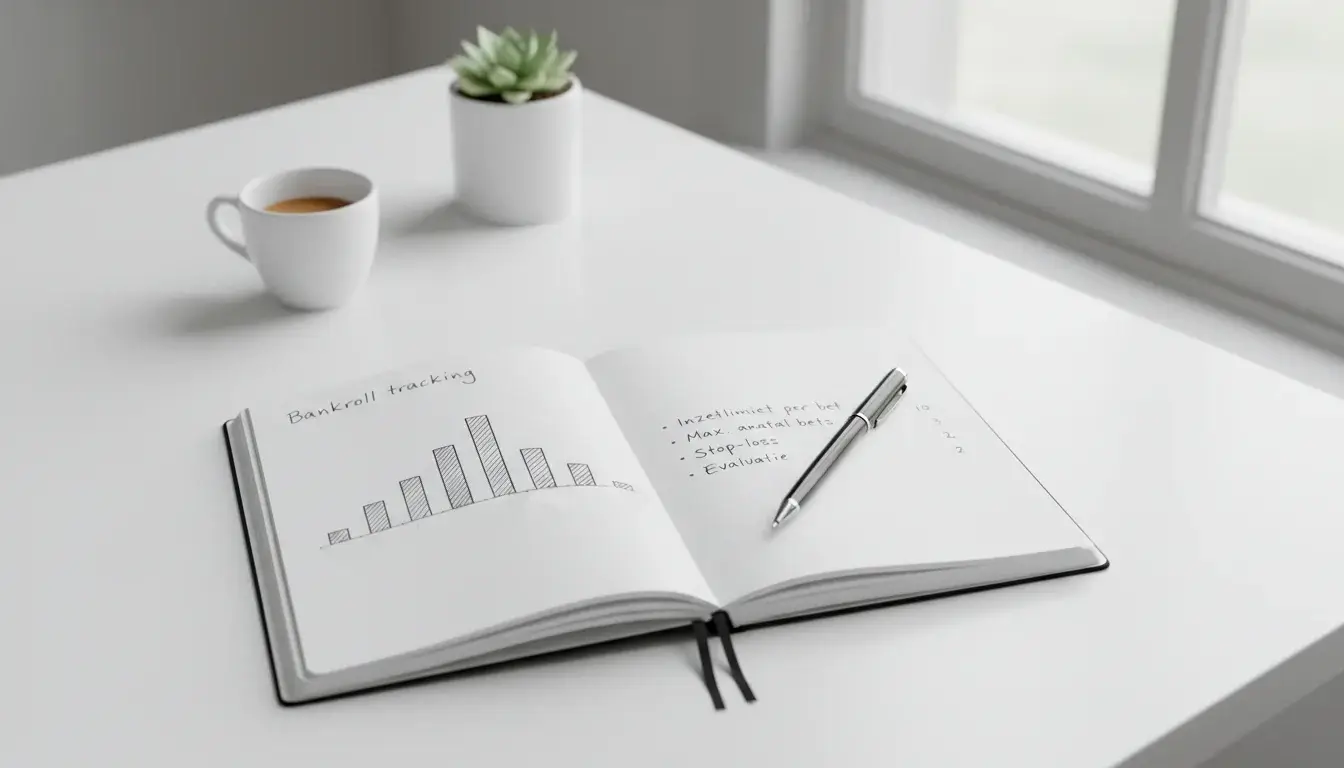Notitieboek met inzetstrategie en pen op een bureau — bankroll management