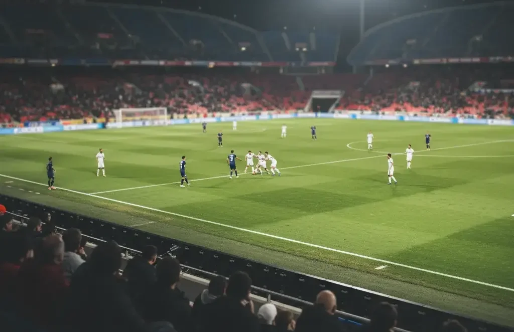 Voetbalfans in een stadion tijdens een avondwedstrijd met felle verlichting — live wedden